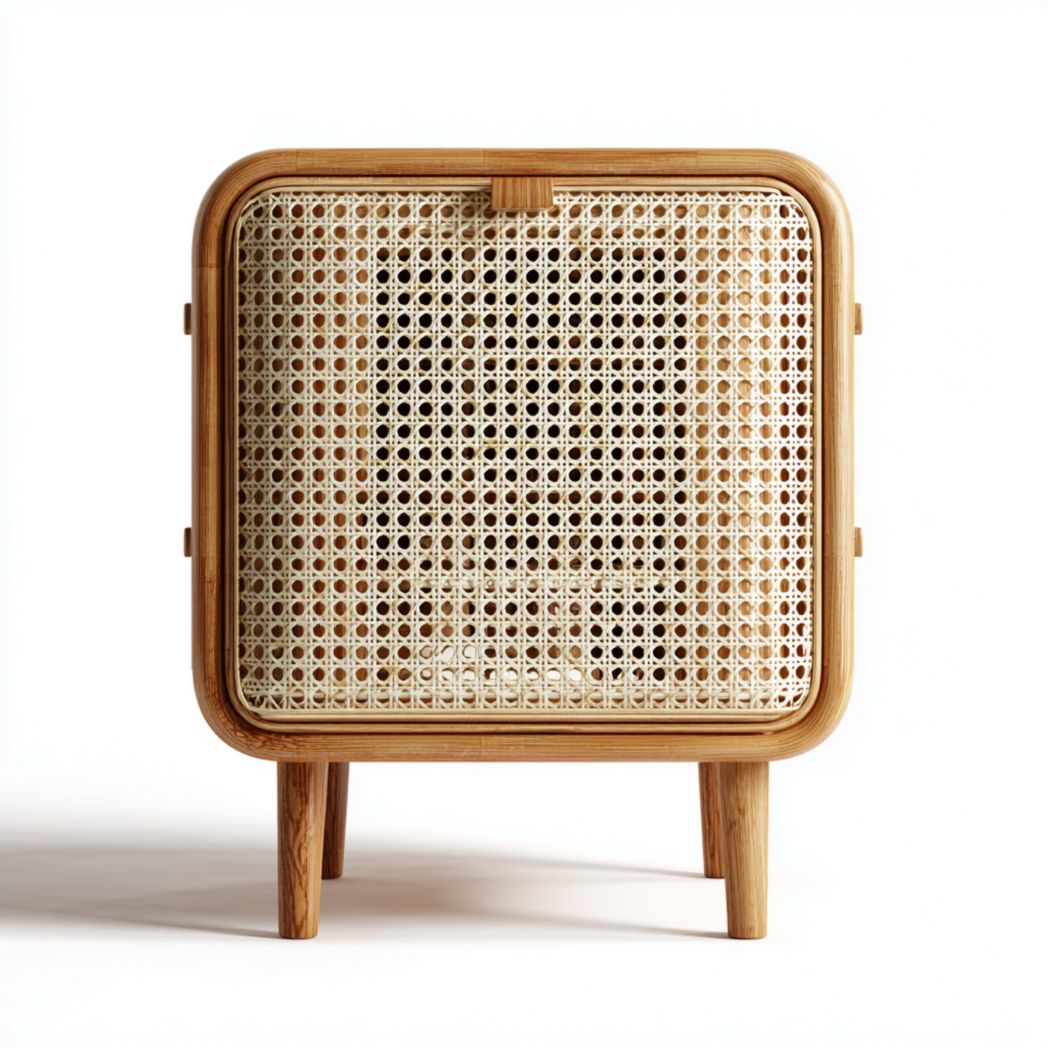 Table de chevet en bois de chêne avec porte en rotin tressé-Furniture Peace