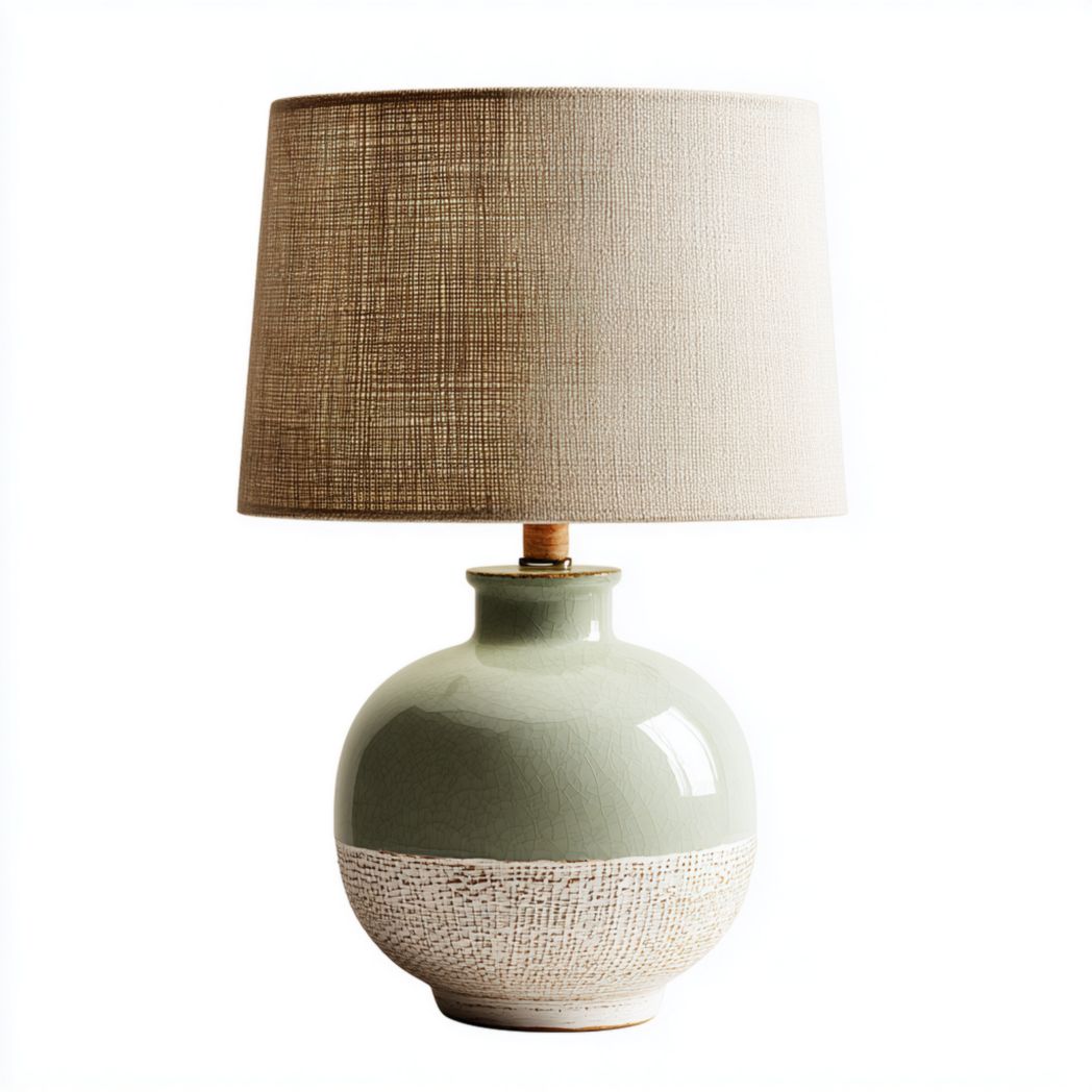 Lampe de table en céramique verte et beige avec abat-jour en tissu-Furniture Peace
