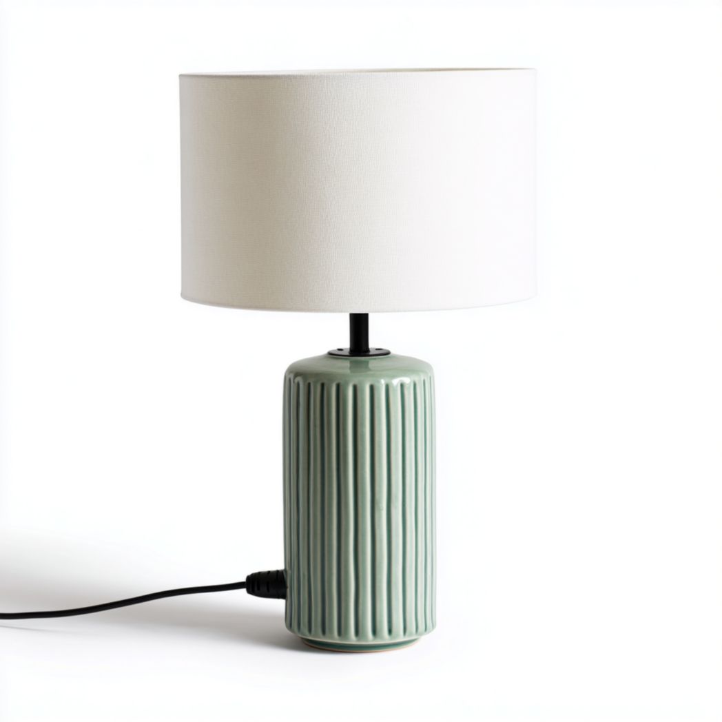 Lampe de table en céramique verte avec abat-jour en tissu blanc-Furniture Peace