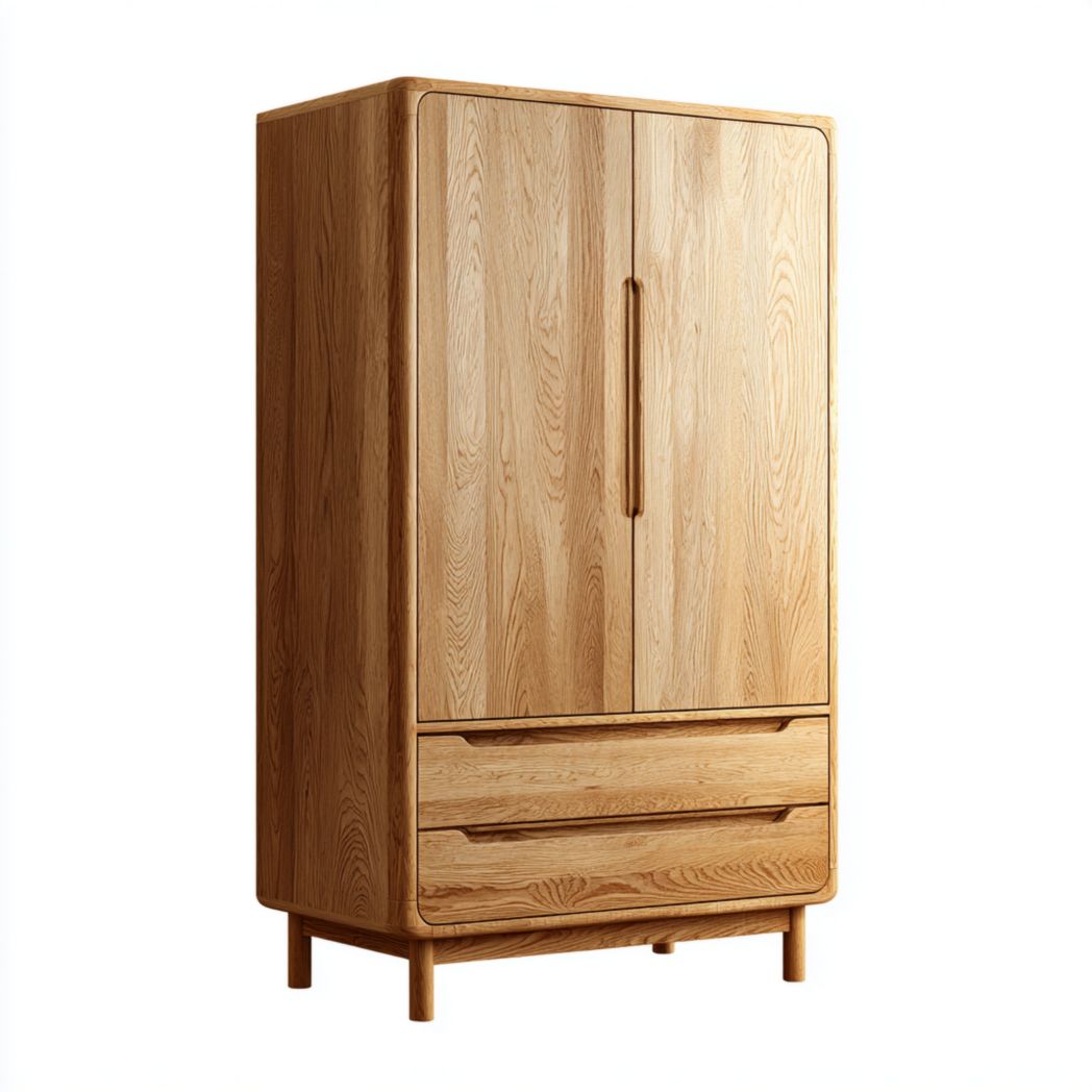 Armoire deux portes en bois de chêne massif avec deux tiroirs inférieurs-Furniture Peace