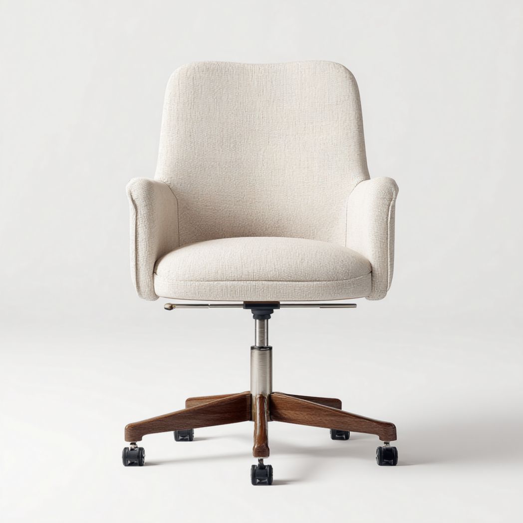 Chaise de bureau ergonomique en tissu beige avec base en bois et roulettes-Furniture Peace