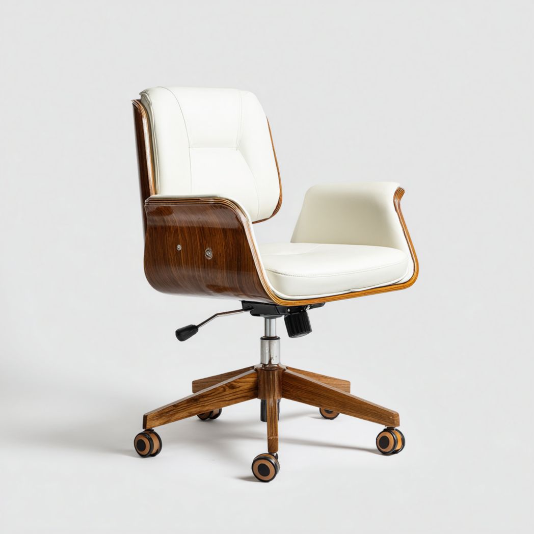 Chaise de bureau pivotante en noyer et cuir synthétique blanc-Furniture Peace