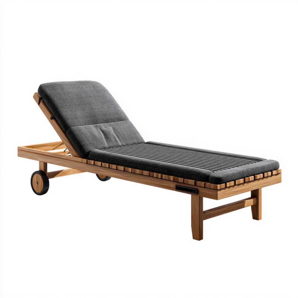 Chaise longue de jardin en teck avec coussin gris-Furniture Peace