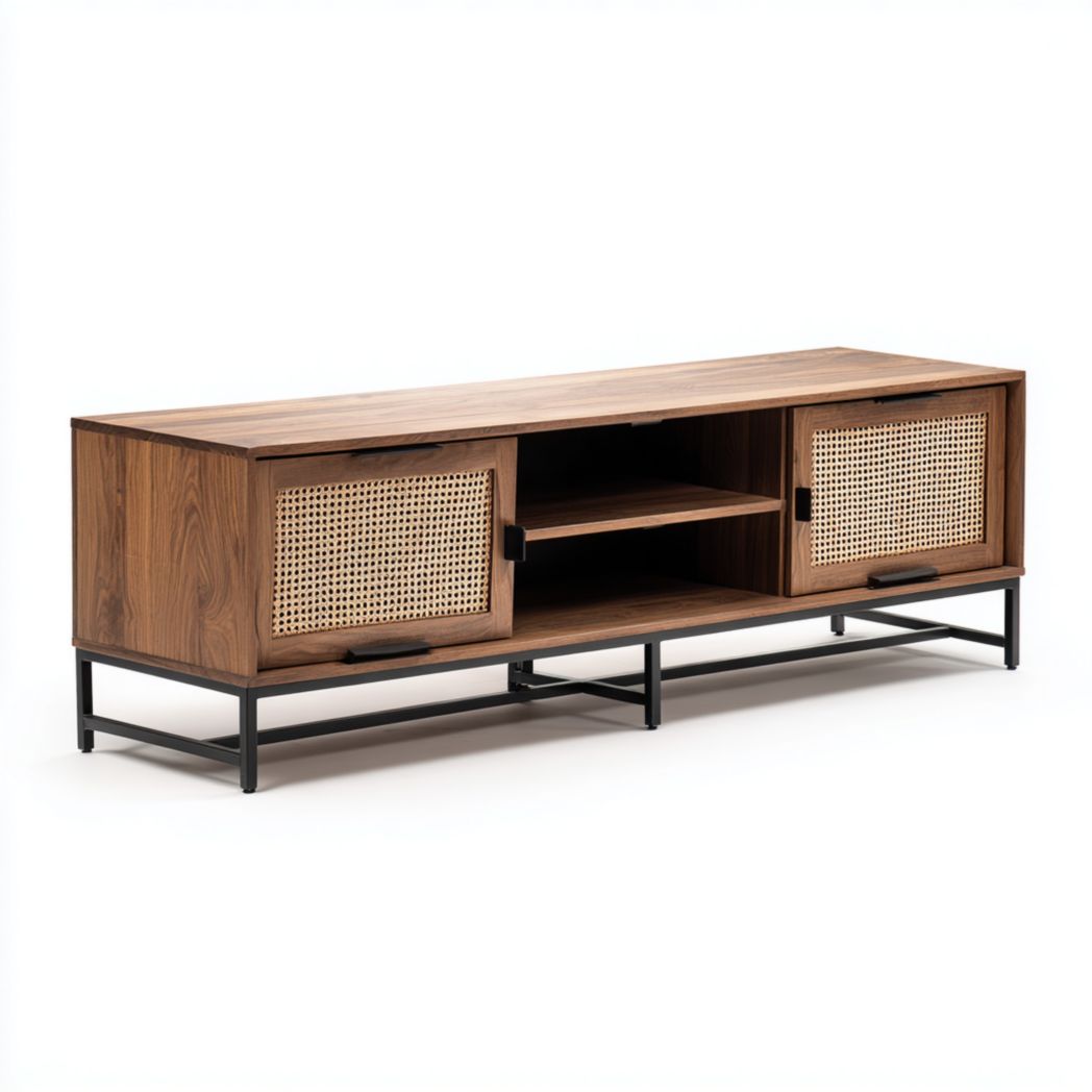 Meuble TV bas en bois de noyer et métal avec portes en cannage-Furniture Peace