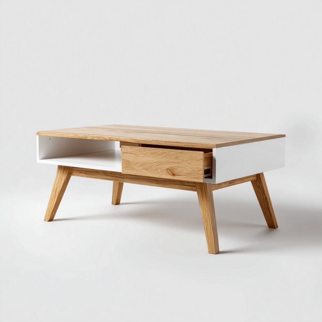 Table basse rectangulaire en chêne et MDF blanc avec tiroir intégré-Furniture Peace