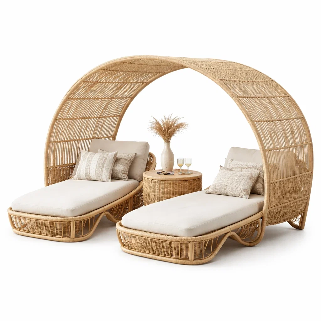 Ensemble chaise longue double en rotin avec arche-CozyAxis