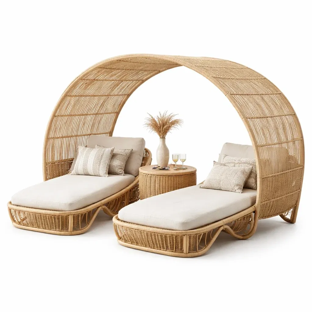 Ensemble chaise longue double en rotin avec arche-CozyAxis