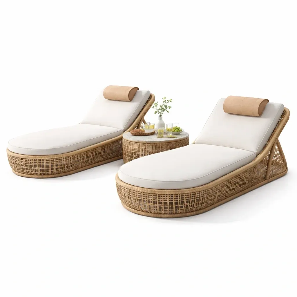 Chaises longues rotin luxe avec table ronde-CozyAxis