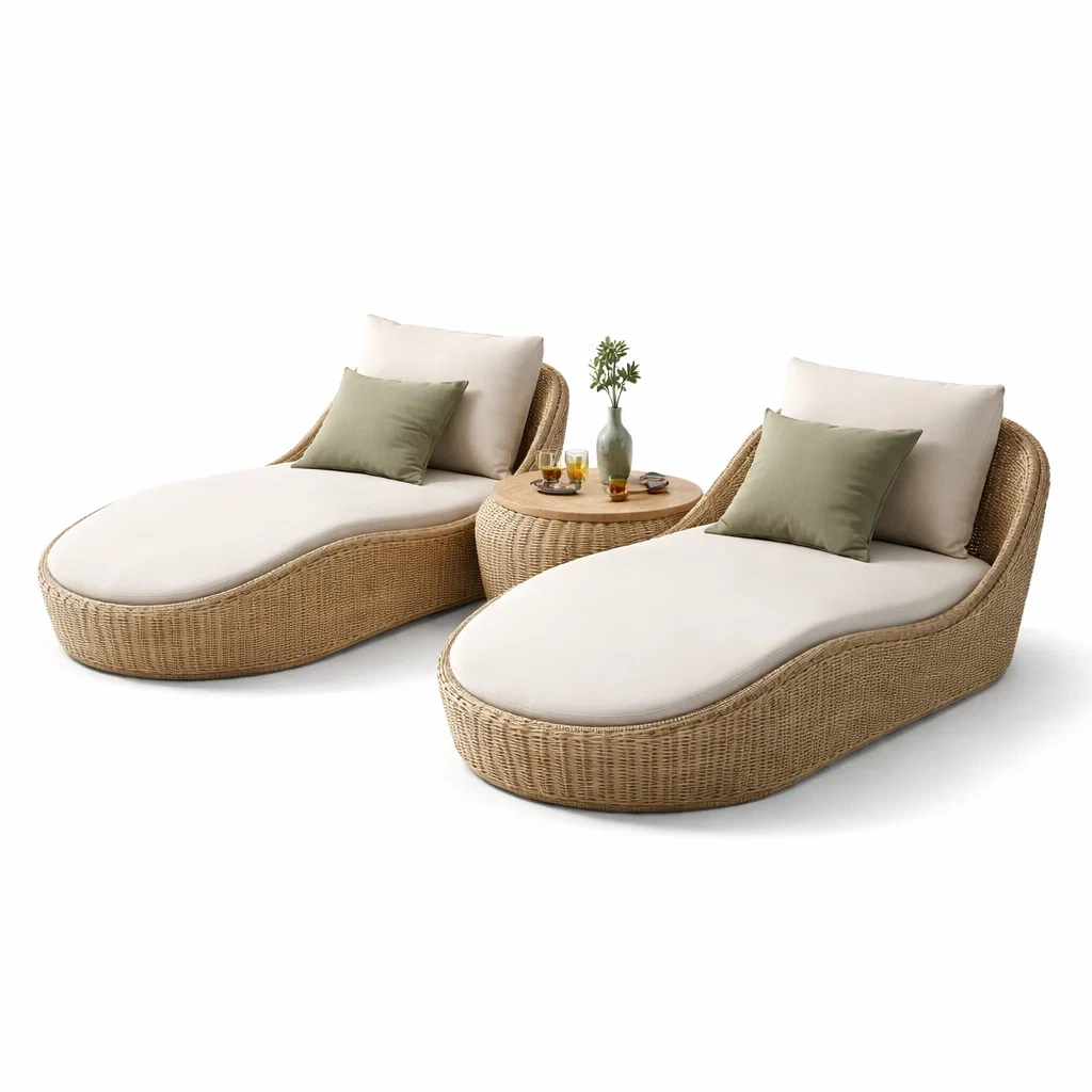 Set chaise longue jardin en rotin naturel-CozyAxis