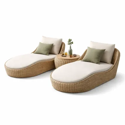 Set chaise longue jardin en rotin naturel-CozyAxis
