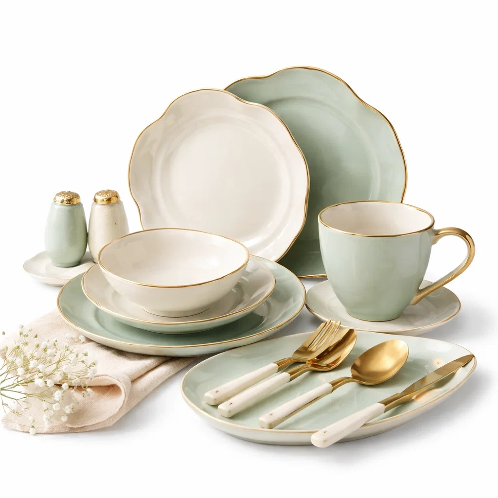 Service de table bicolore vert clair et blanc-CozyAxis