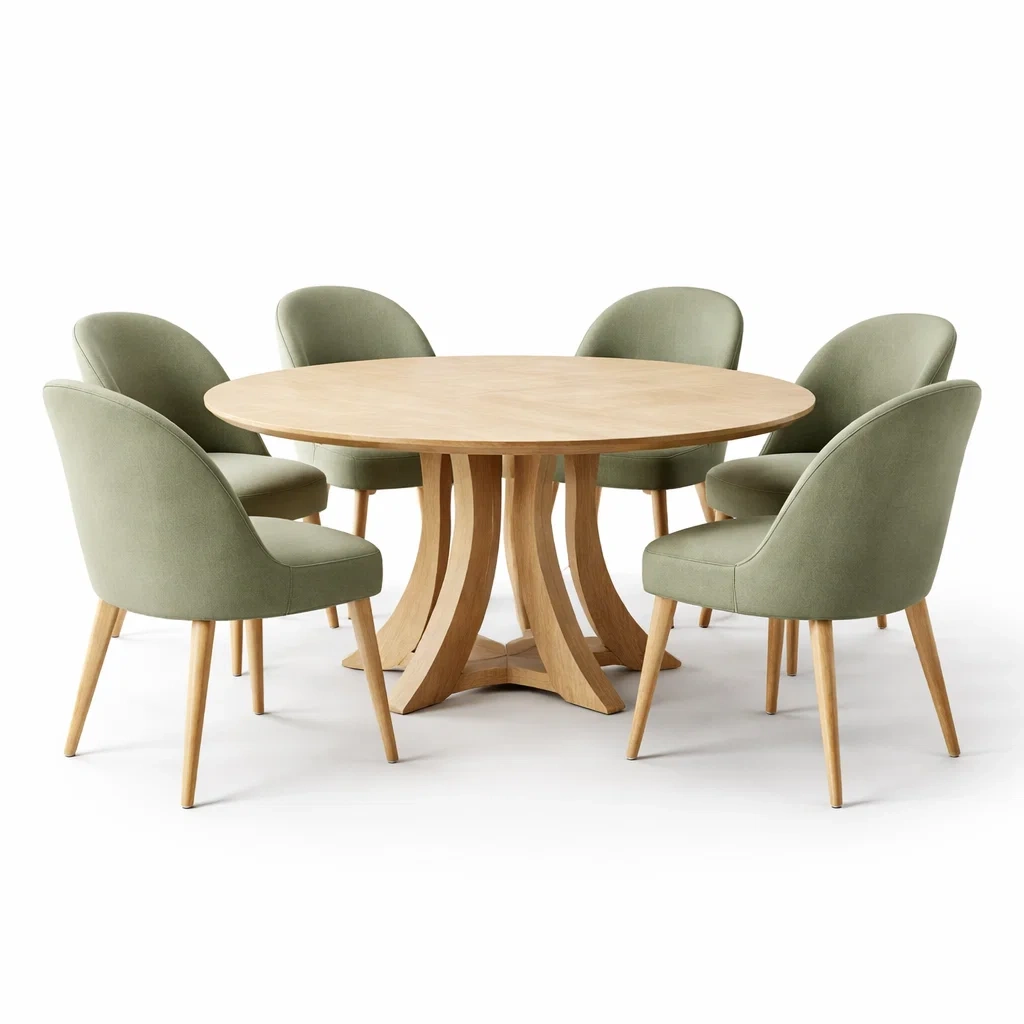 Table a manger ronde en bois avec 6 chaises rembourrees-CozyAxis
