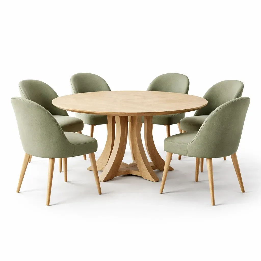Table a manger ronde en bois avec 6 chaises rembourrees-CozyAxis
