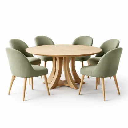 Table a manger ronde en bois avec 6 chaises rembourrees-CozyAxis