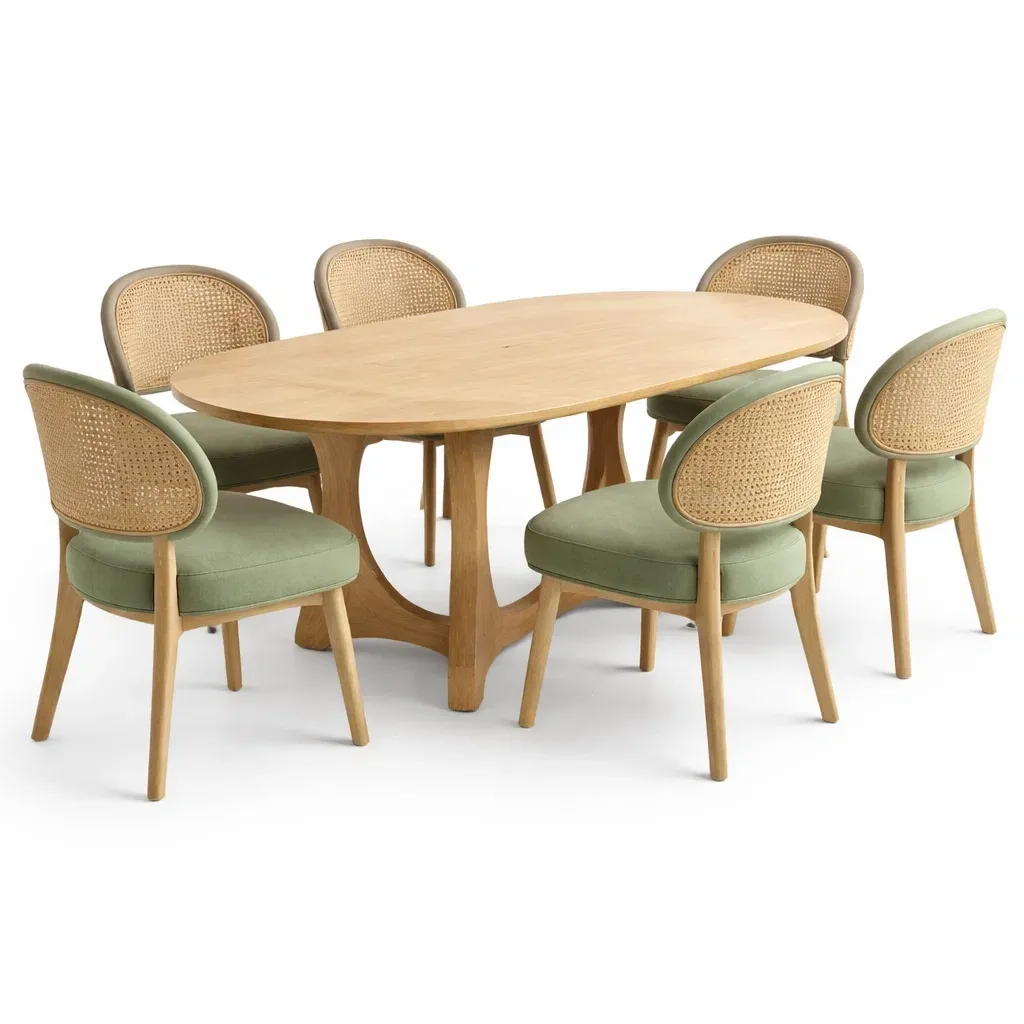 Table a manger ovale en bois avec chaises en rotin-CozyAxis