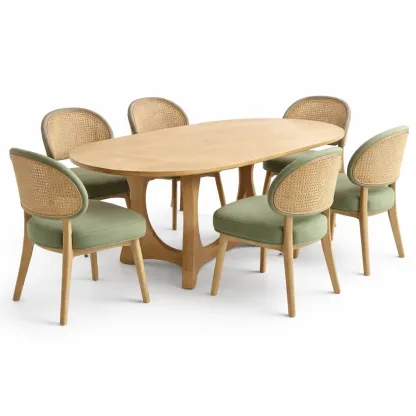 Table a manger ovale en bois avec chaises en rotin-CozyAxis