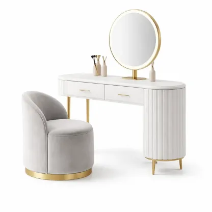 Coiffeuse moderne avec miroir rond et tabouret-CozyAxis