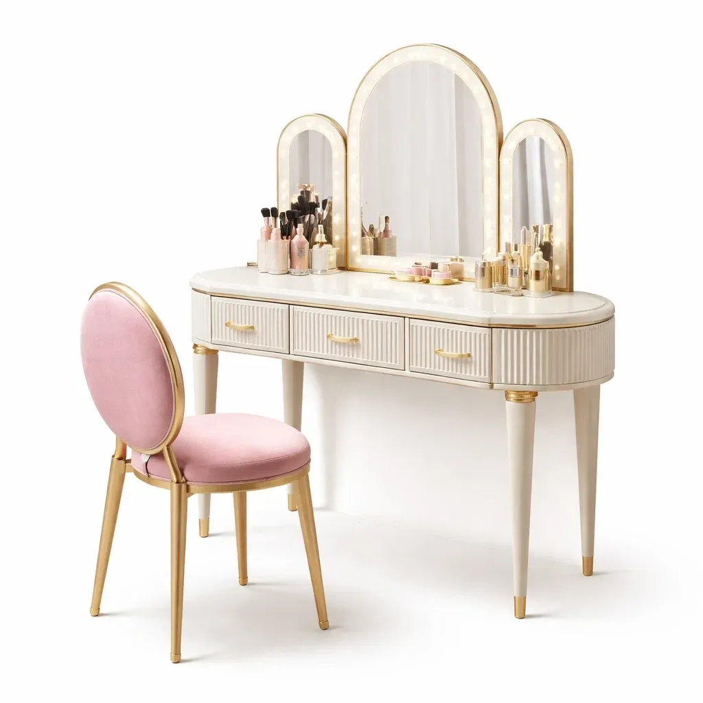 Coiffeuse luxe avec triple miroir et tabouret-CozyAxis
