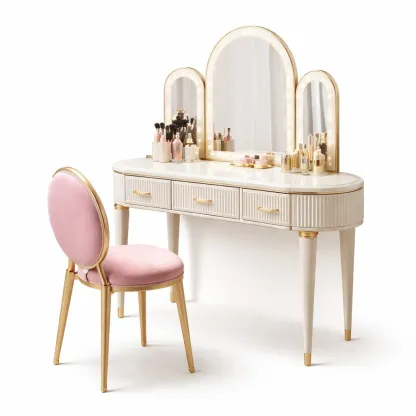 Coiffeuse luxe avec triple miroir et tabouret-CozyAxis