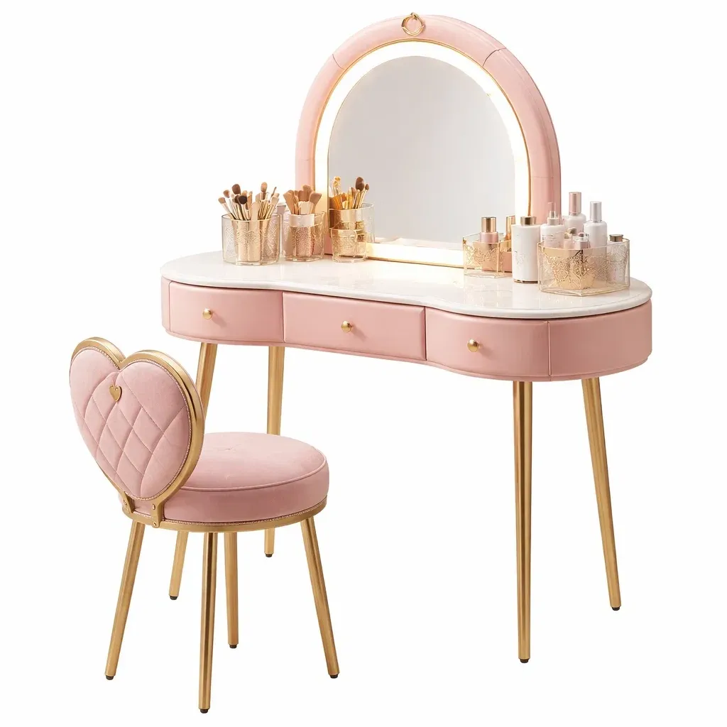 Coiffeuse design avec miroir lumineux et tabouret coeur-CozyAxis