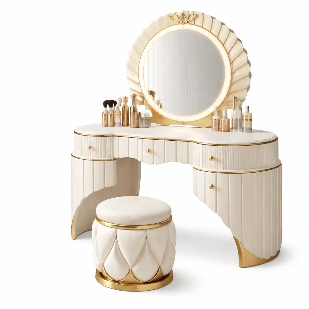 Coiffeuse artistique avec miroir decoratif et tabouret-CozyAxis
