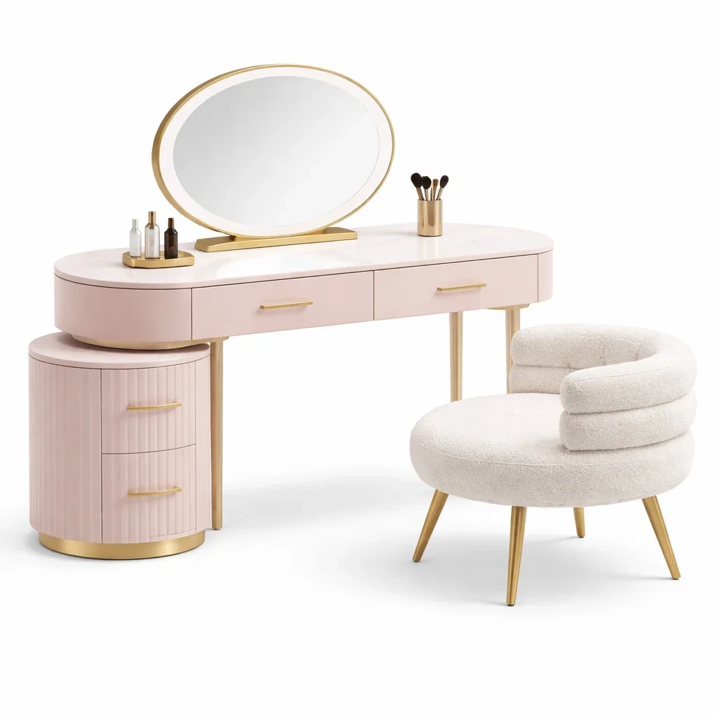 Coiffeuse moderne rose poudree avec tabouret-rugrelish