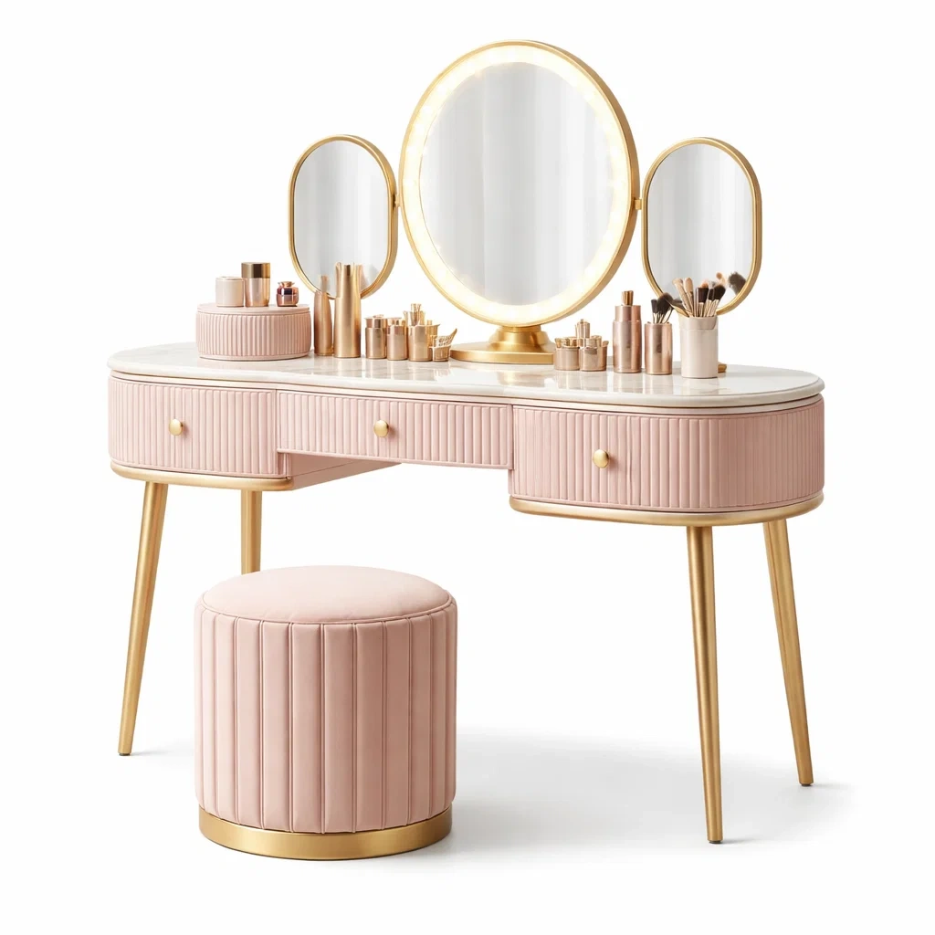 Table coiffeuse rose avec miroirs multiples-rugrelish