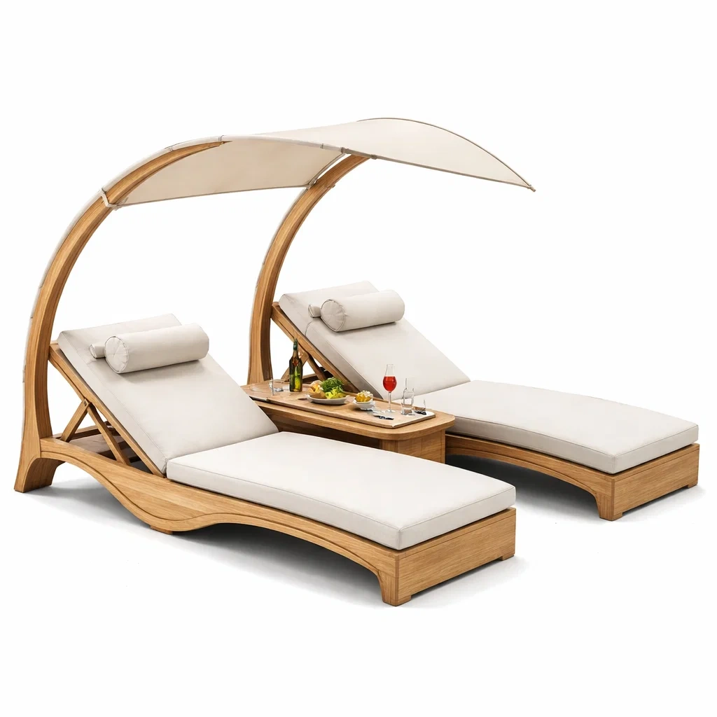 Double bain de soleil en bois avec auvent et table-rugrelish