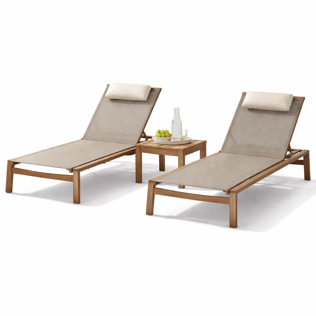 Lot de 2 chaises longues en bois avec table assortie-rugrelish