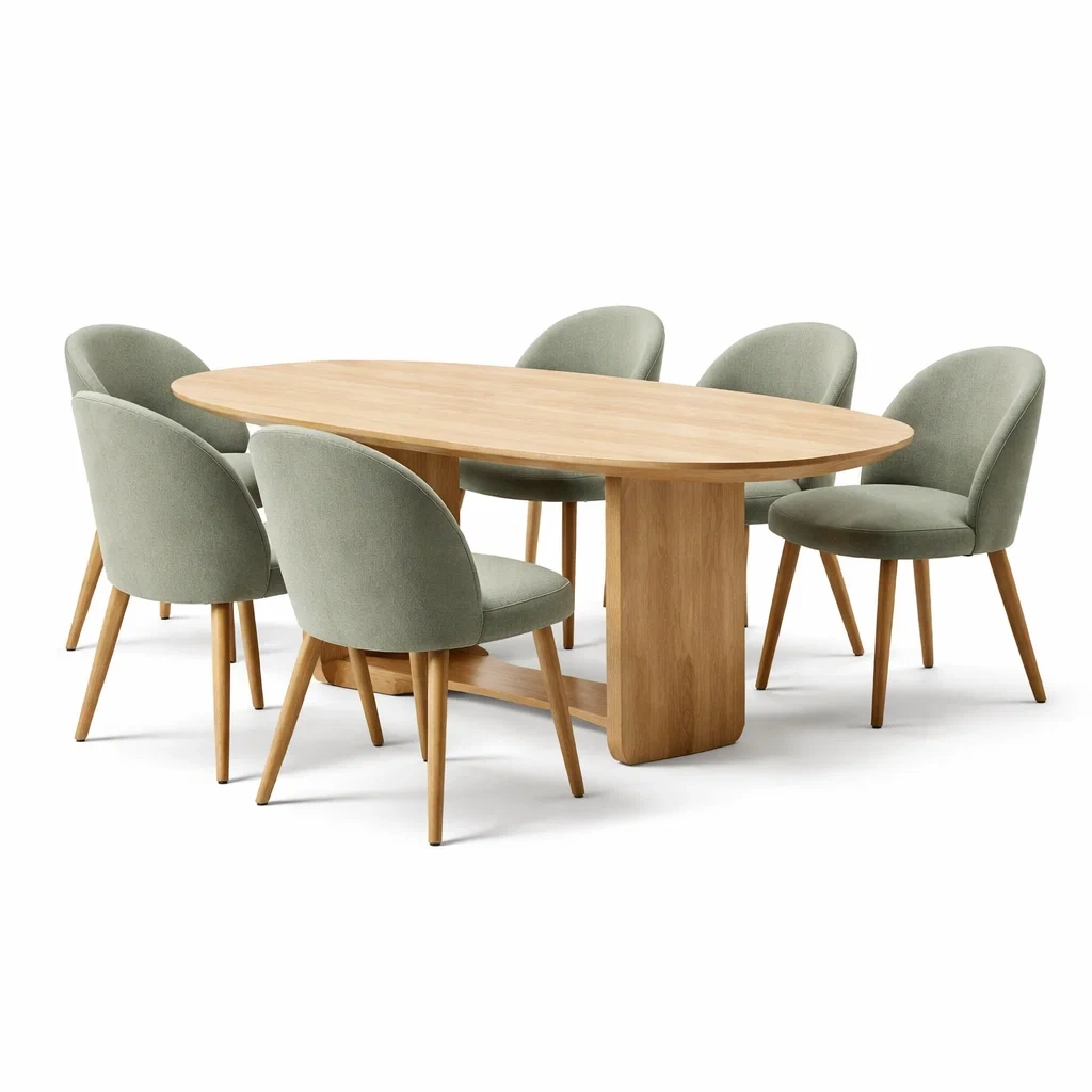 Salle a manger ovale bois naturel et chaises vert sauge-rugrelish