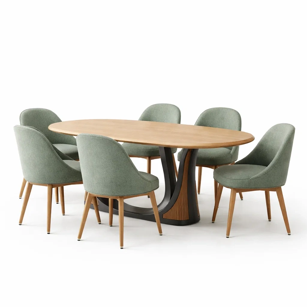 Table repas design pied central noir et 6 chaises vertes-rugrelish