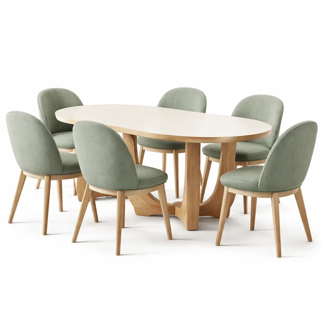 Ensemble repas ovale plateau blanc et chaises vert clair-rugrelish