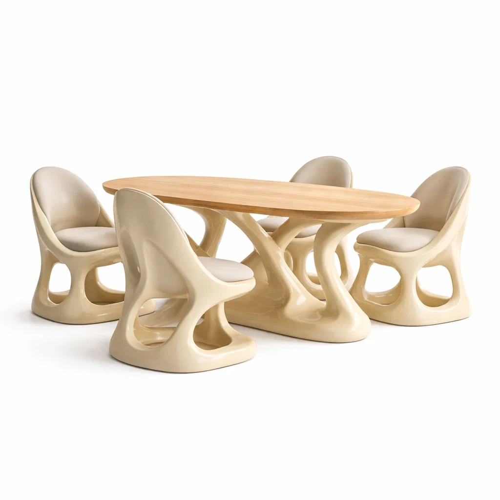 Table ovale sculpturale beige avec 6 chaises assorties-rugrelish