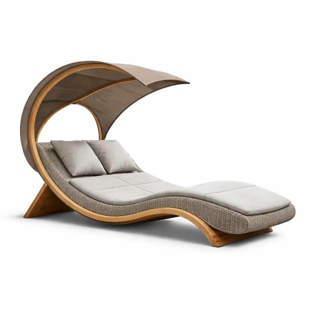 Chaise longue exterieure avec toit incurve et base bois-WoodWander