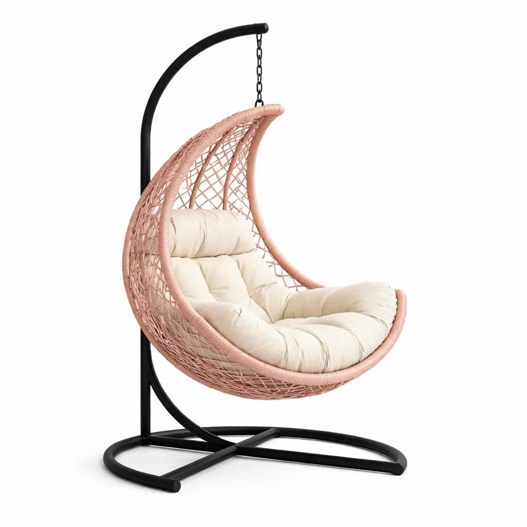 Chaise suspendue exterieur support acier et panier tresse rose-WoodWander