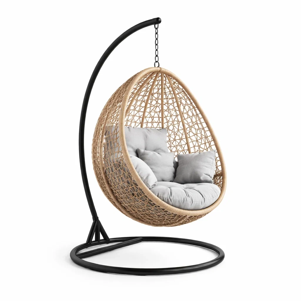 Chaise oeuf suspendue jardin acier noir et panier naturel-WoodWander