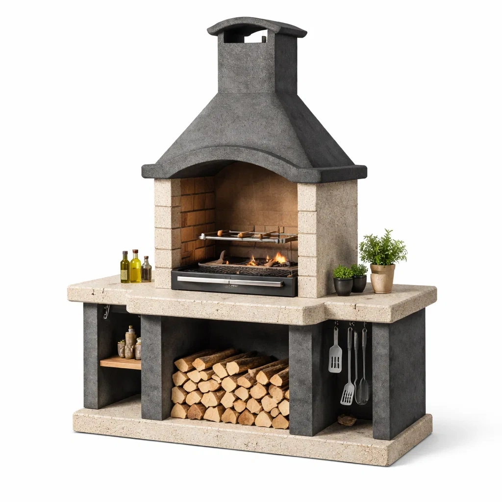 Barbecue exterieur en pierre avec hotte droite-WoodWander