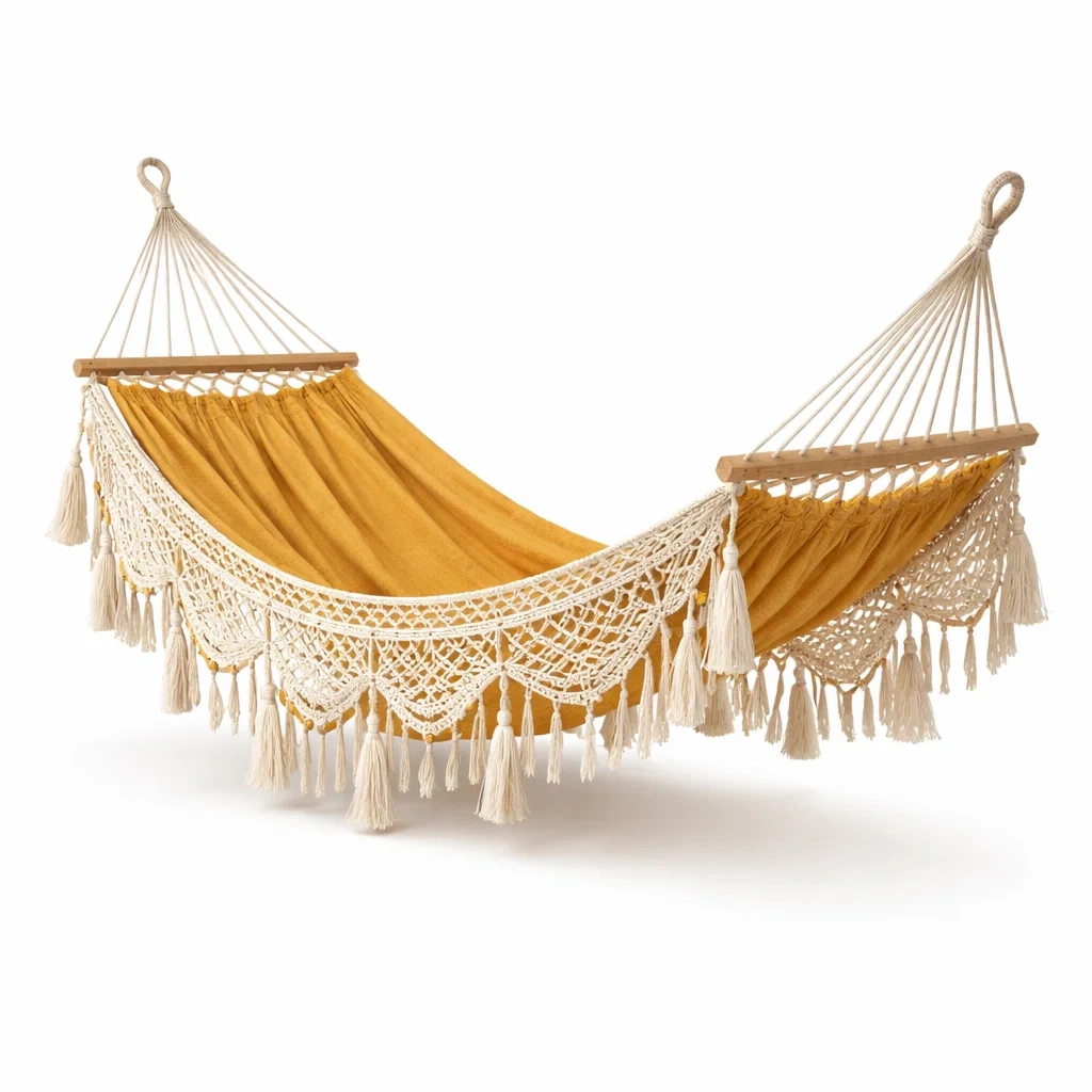 Hamac suspendu exterieur en tissu coton avec franges decoratives-WoodWander