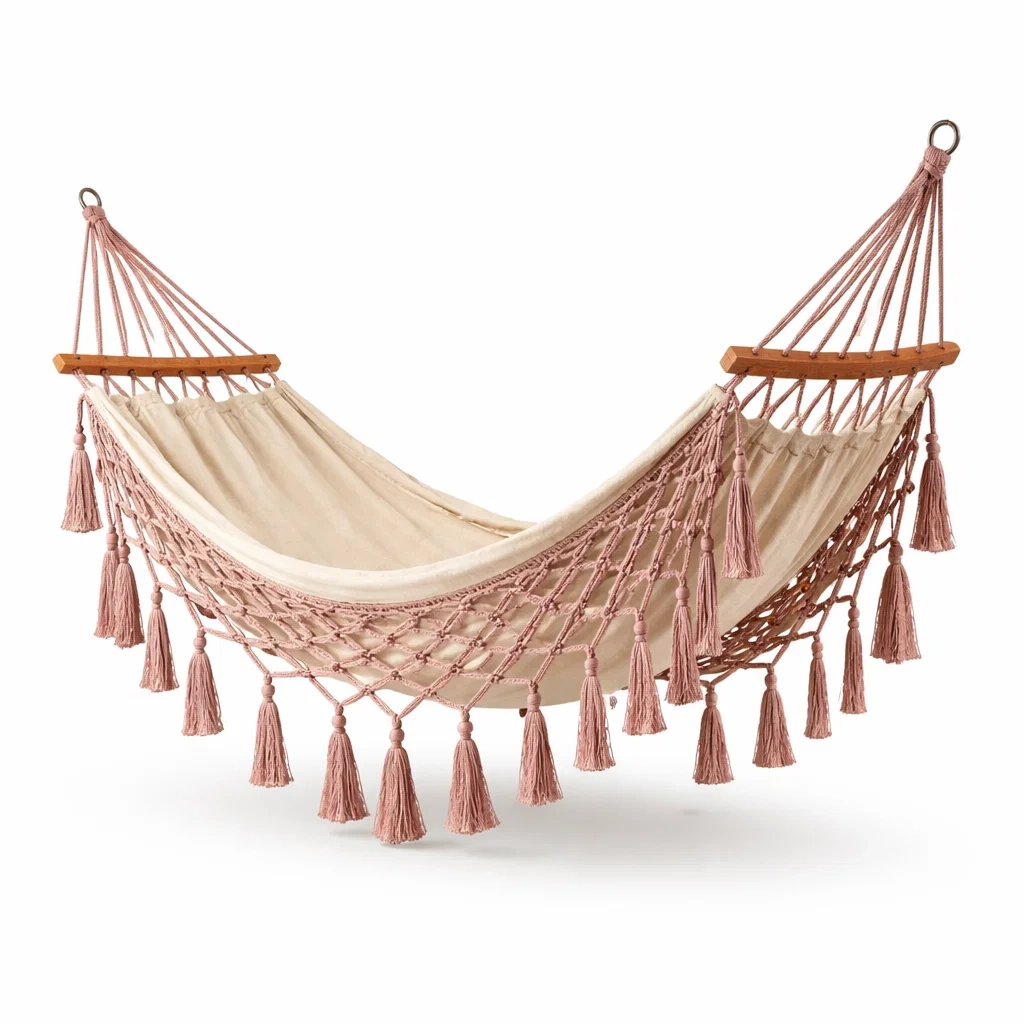 Hamac suspendu decoratif jardin avec tissu creme et filetage rose-WoodWander