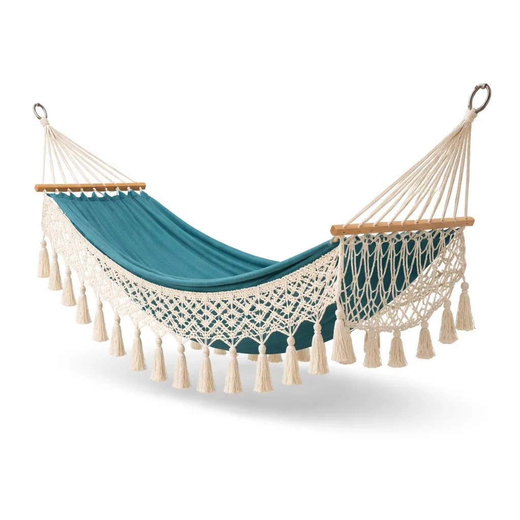 Hamac suspendu jardin bleu vert avec franges en coton-WoodWander