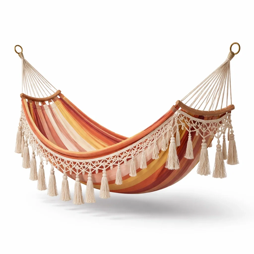 Hamac suspendu multicolore exterieur avec franges artisanales-WoodWander