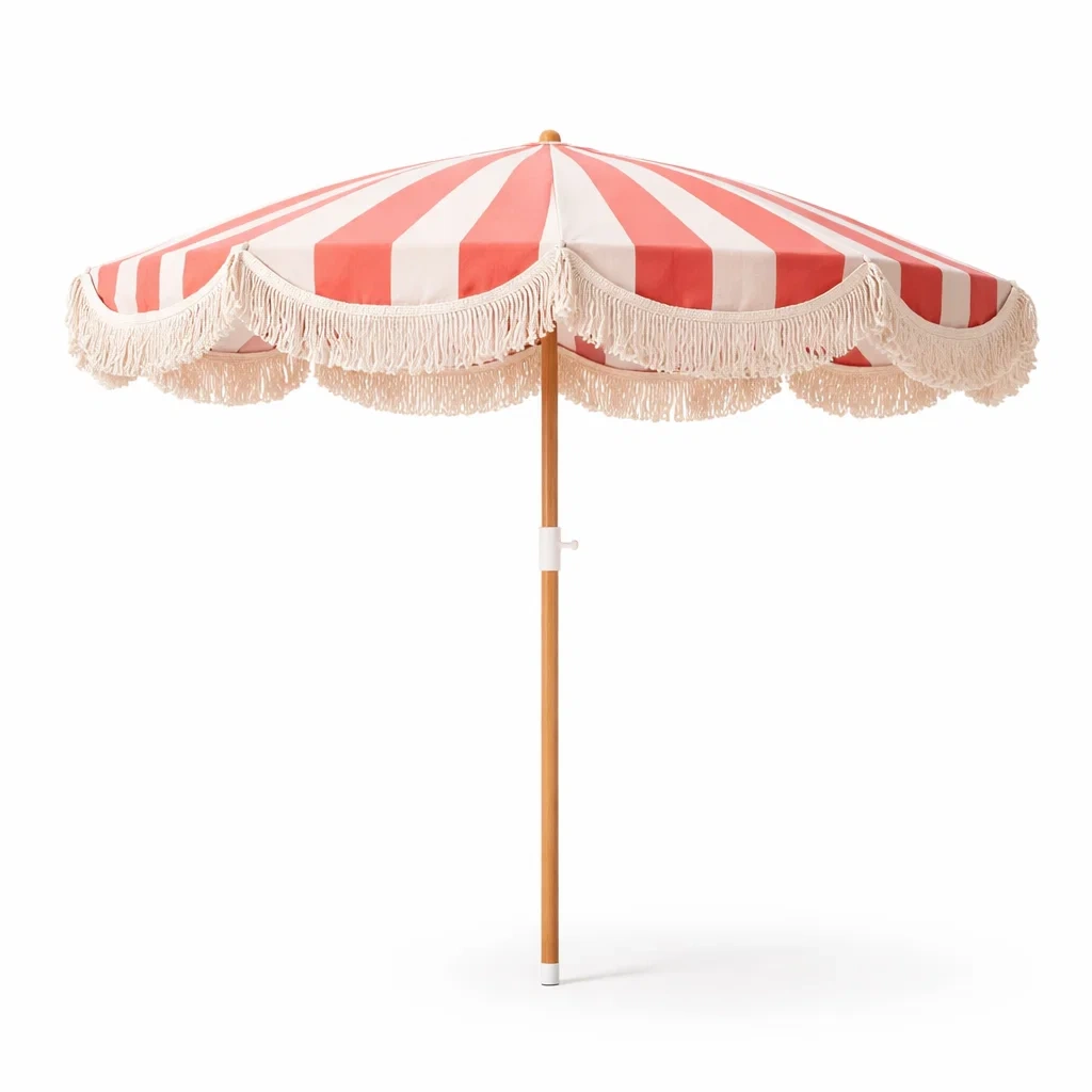 Parasol retro rayures rouges et blanches avec franges-WoodWander