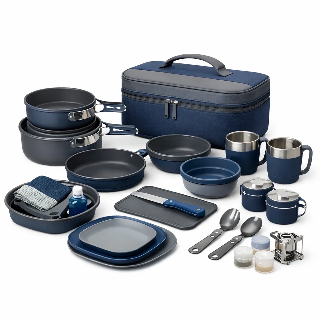 Set cuisine camping complet avec sac de transport bleu marine-WoodWander