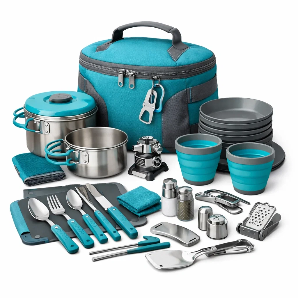 Kit vaisselle et cuisson camping avec sac isotherme vert turquoise-WoodWander