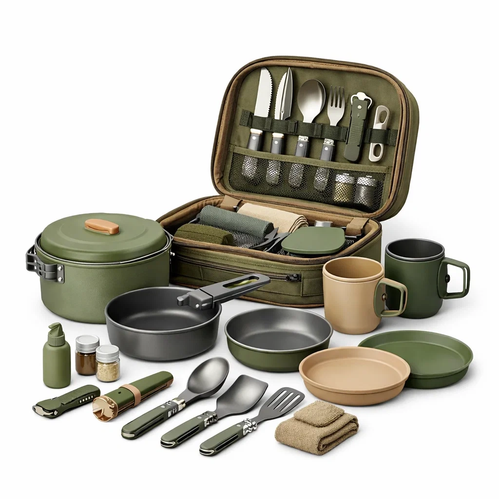 Ensemble cuisine outdoor tactique avec housse rigide verte-WoodWander