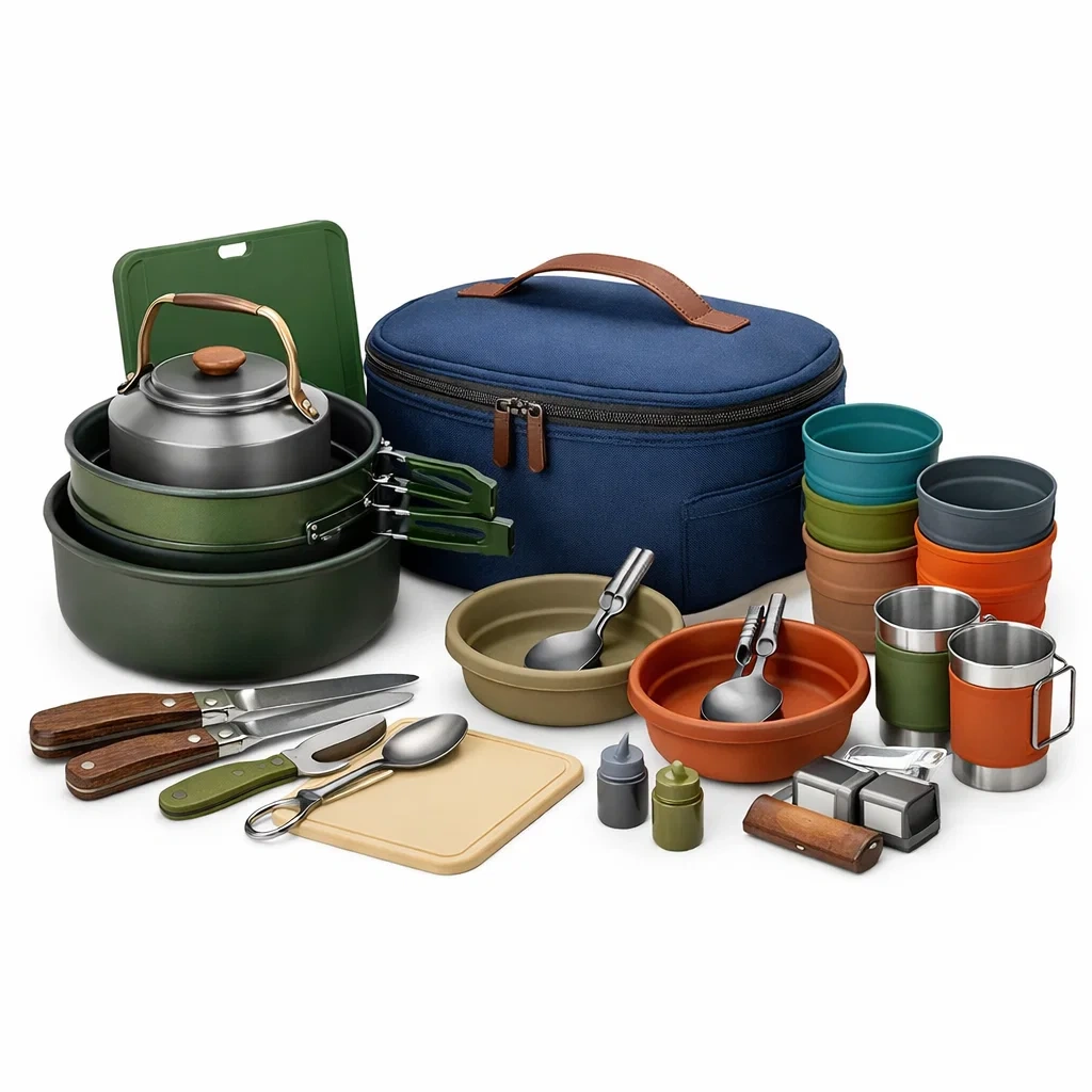 Set cuisine nomade multifonction avec sac textile bleu fonce-WoodWander