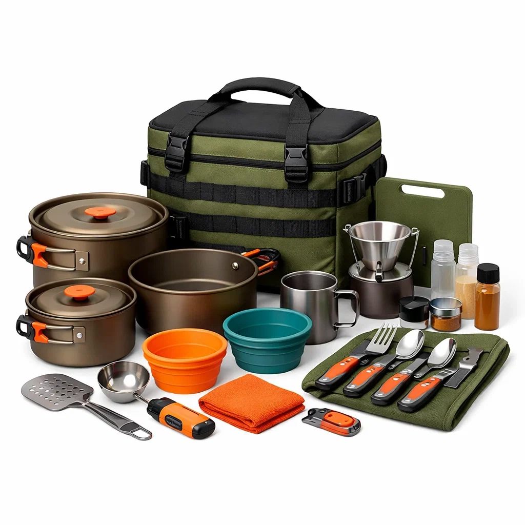 Set cuisine camping renforce avec sac tactique vert olive-WoodWander