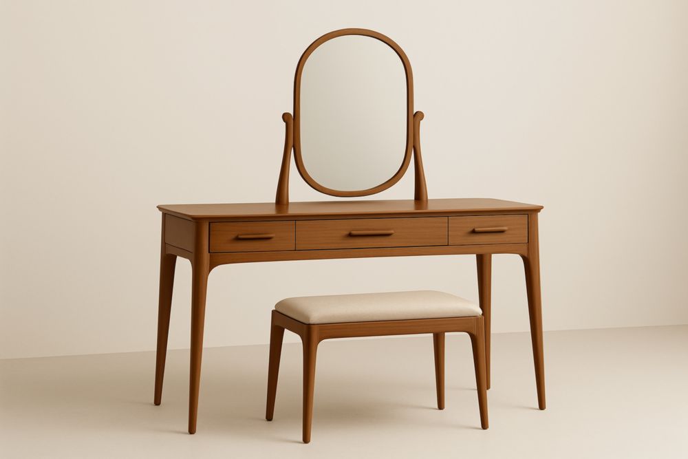 Coiffeuse en Bois Massif avec Miroir et Tabouret Beige