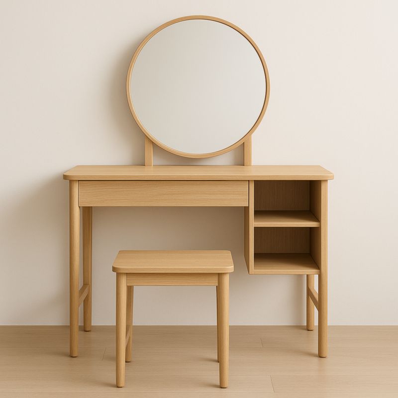 Coiffeuse en bois de chêne avec miroir rond et tabouret