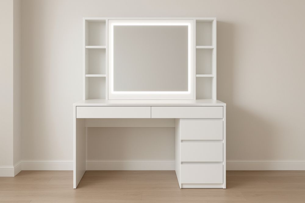 Table de Maquillage Blanc avec Étagères et Miroir LED
